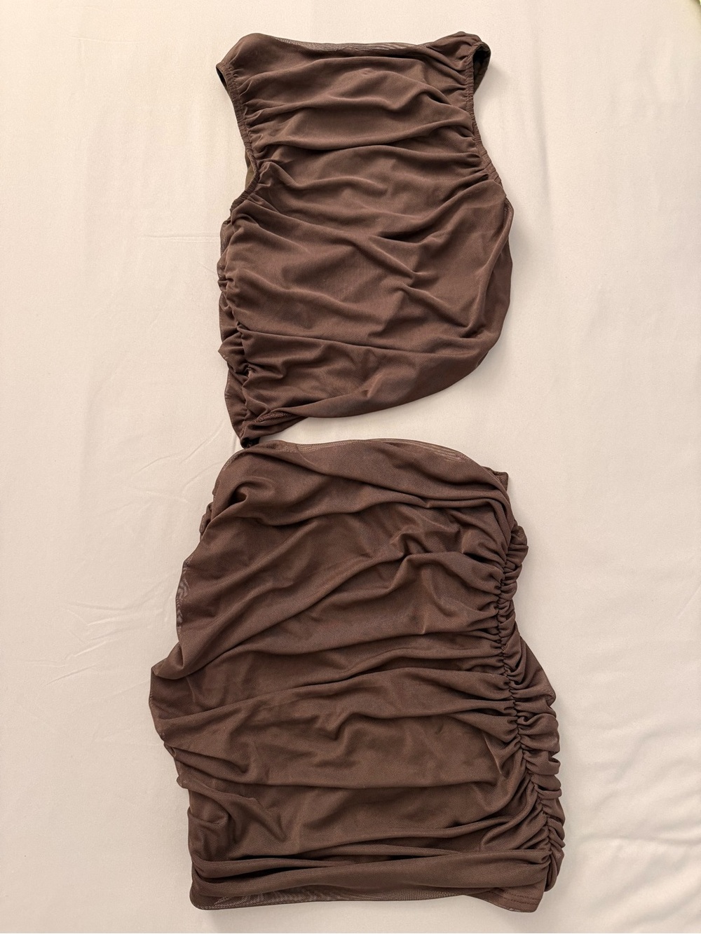 PrettyLittleThing Chocolate Mesh High Neck Cut Out Mini Dress NWT - Picture 5 of 8